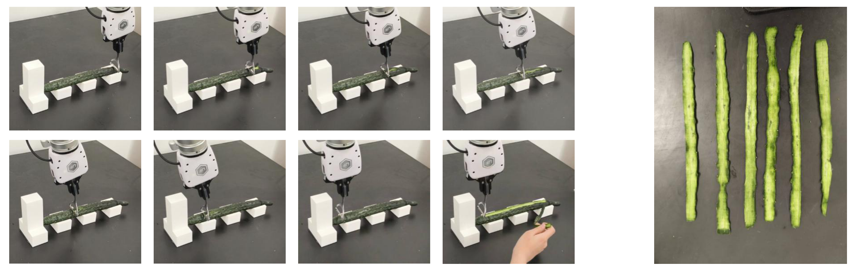 Cucumber peeling rollout sequence and peeled strips